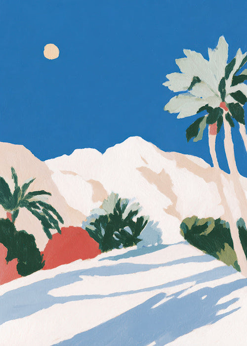 Botanisk plakat med palmer og bjerg