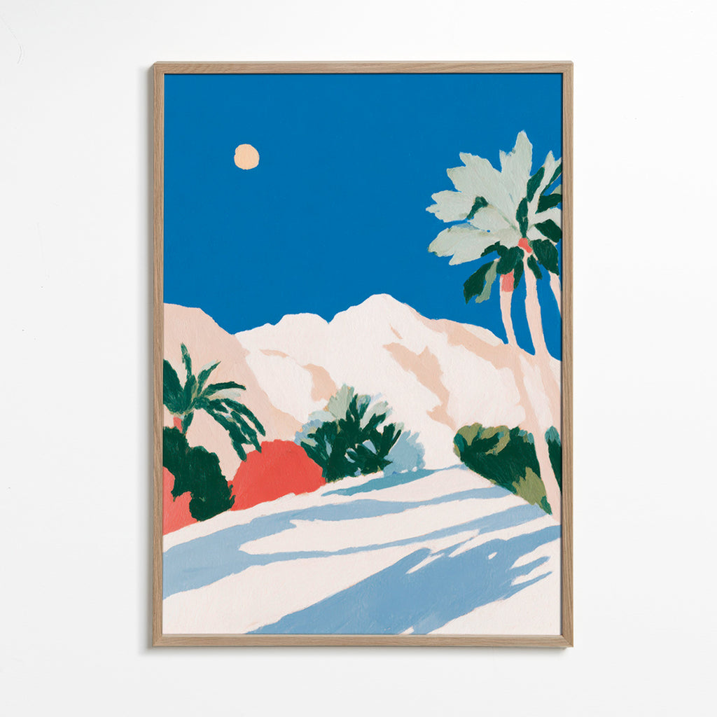 Botanisk plakat med palmer og bjerg – Oak Frame