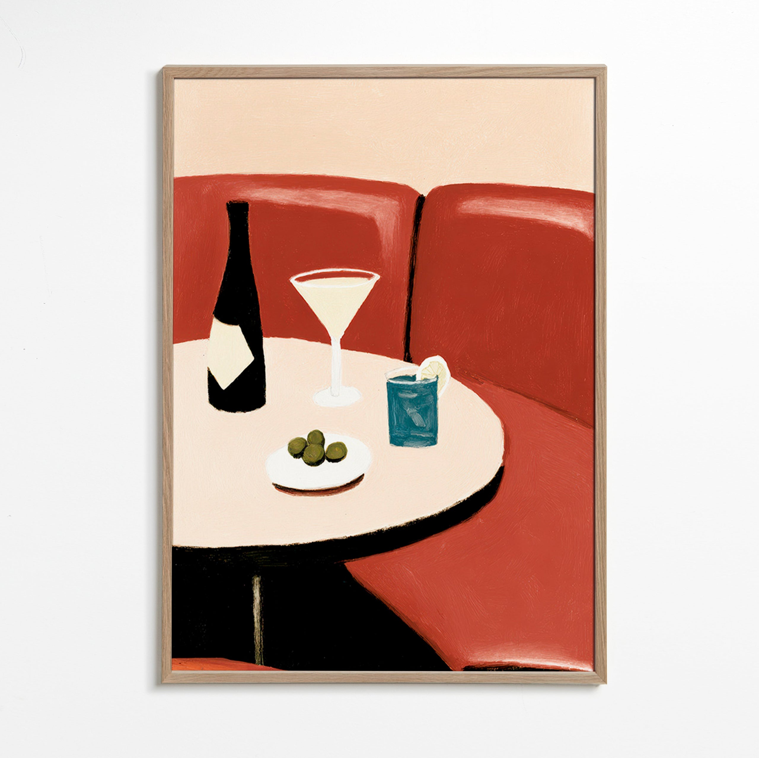 Køkkenkunst illustration af martini med oliven – Oak Frame