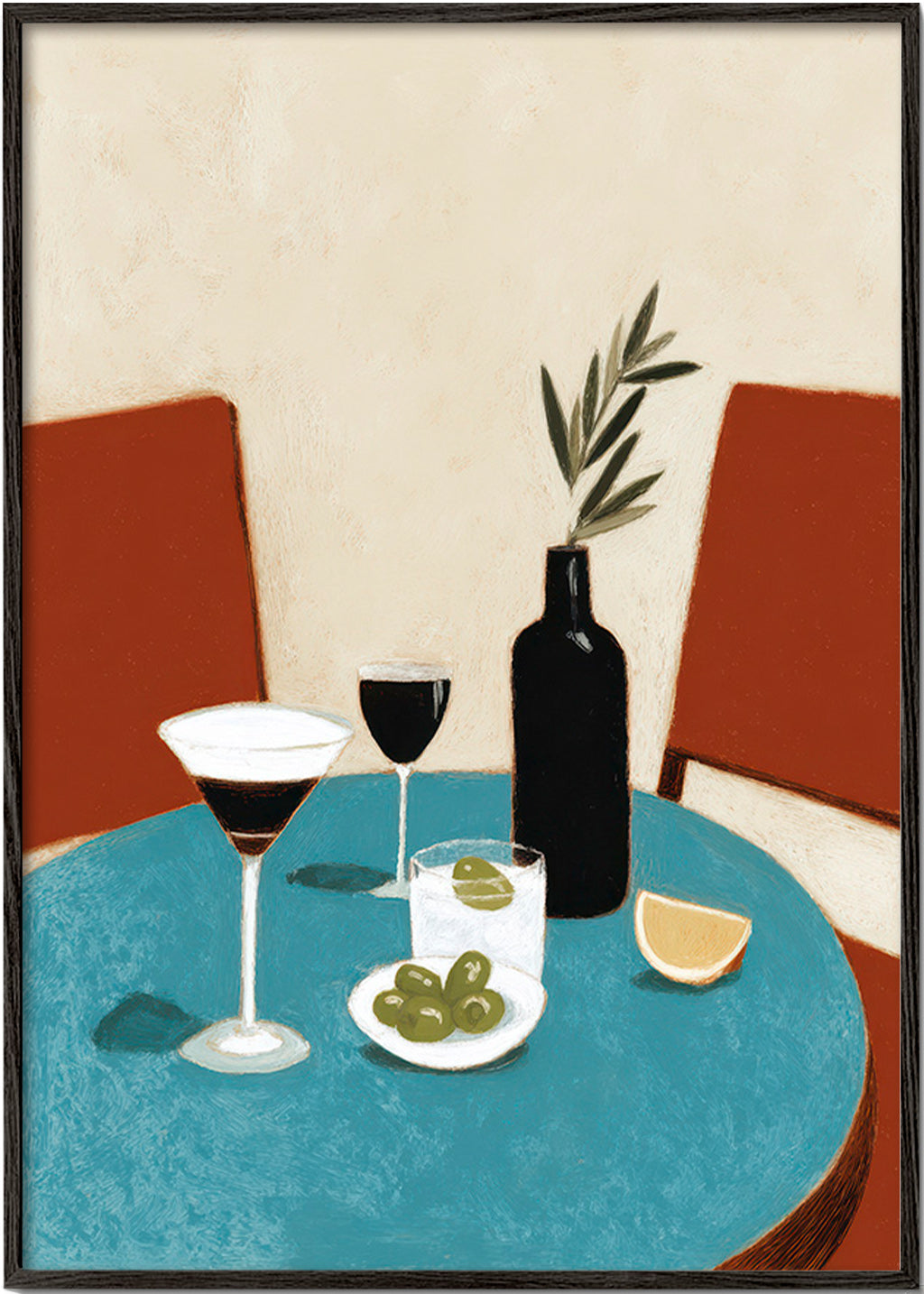 Køkkenkunst med aperitif på blå bord – Black Frame