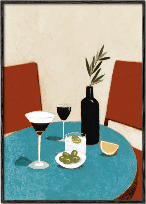 Køkkenkunst med aperitif på blå bord – Black Frame