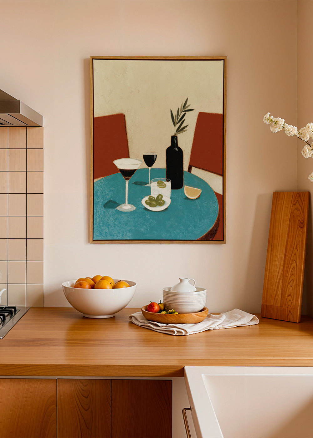 Køkkenkunst med aperitif på blå bord – Canvas1