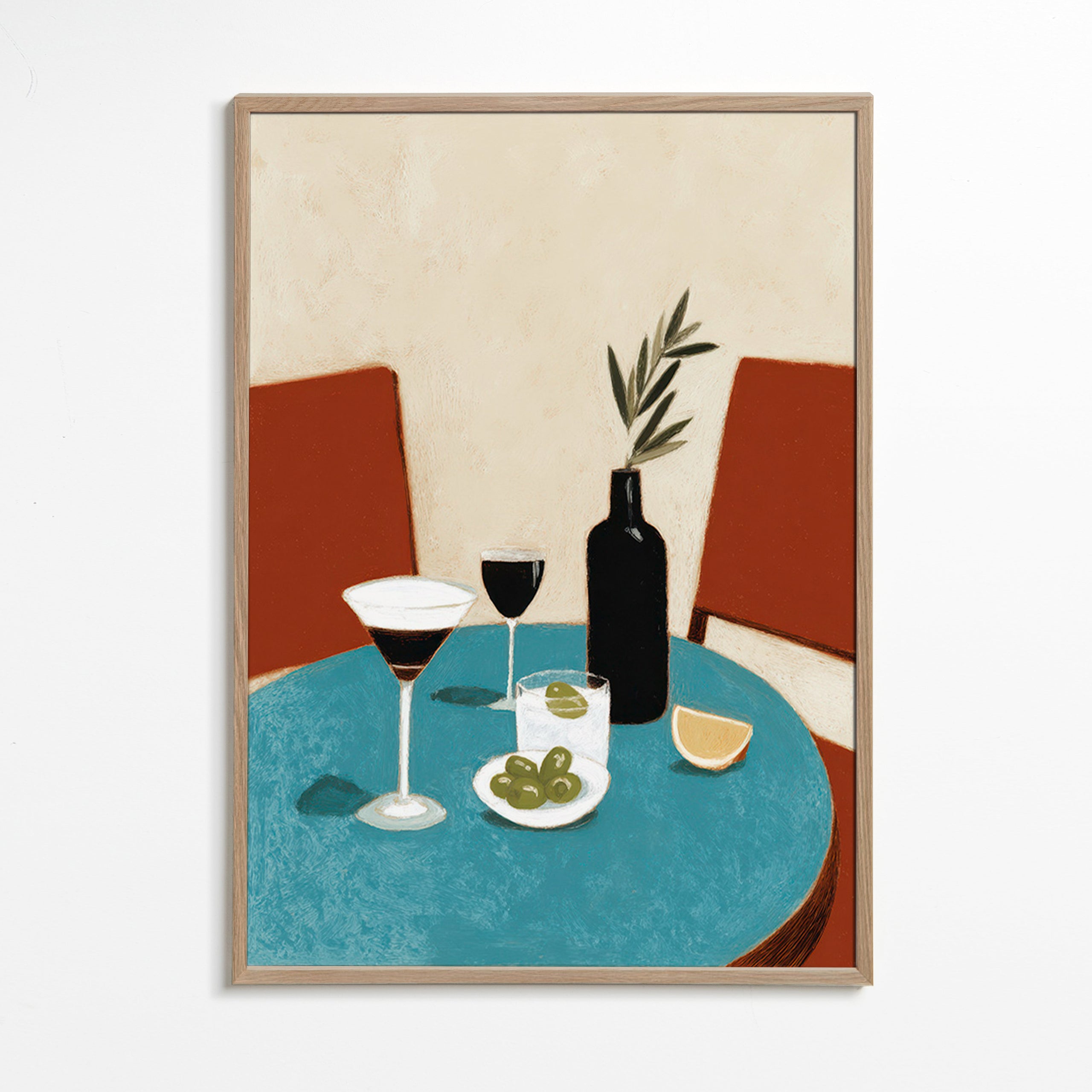 Køkkenkunst med aperitif på blå bord – Oak Frame