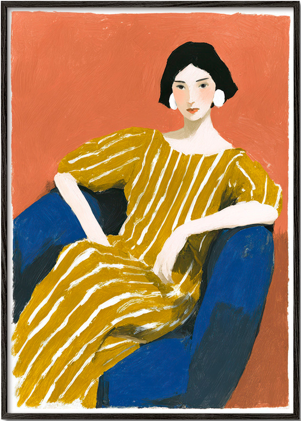 Illustration: siddende kvinde i gyldent stribet kjole – Black Frame