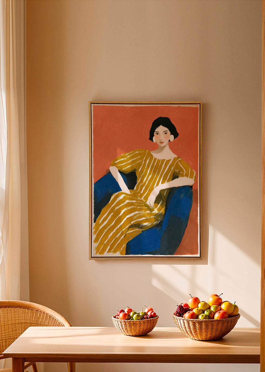 Illustration: siddende kvinde i gyldent stribet kjole – Canvas1