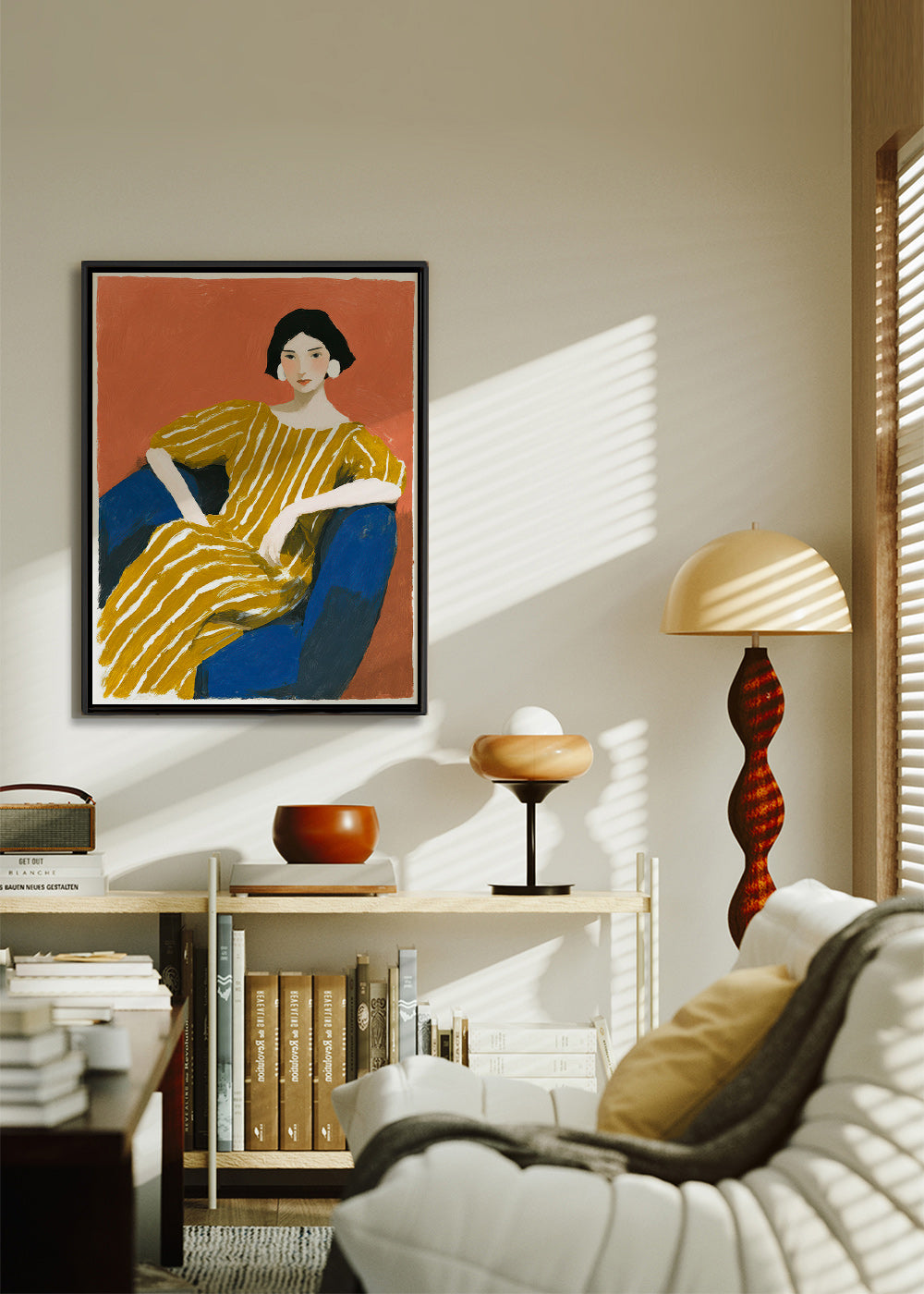 Illustration: siddende kvinde i gyldent stribet kjole – Canvas2