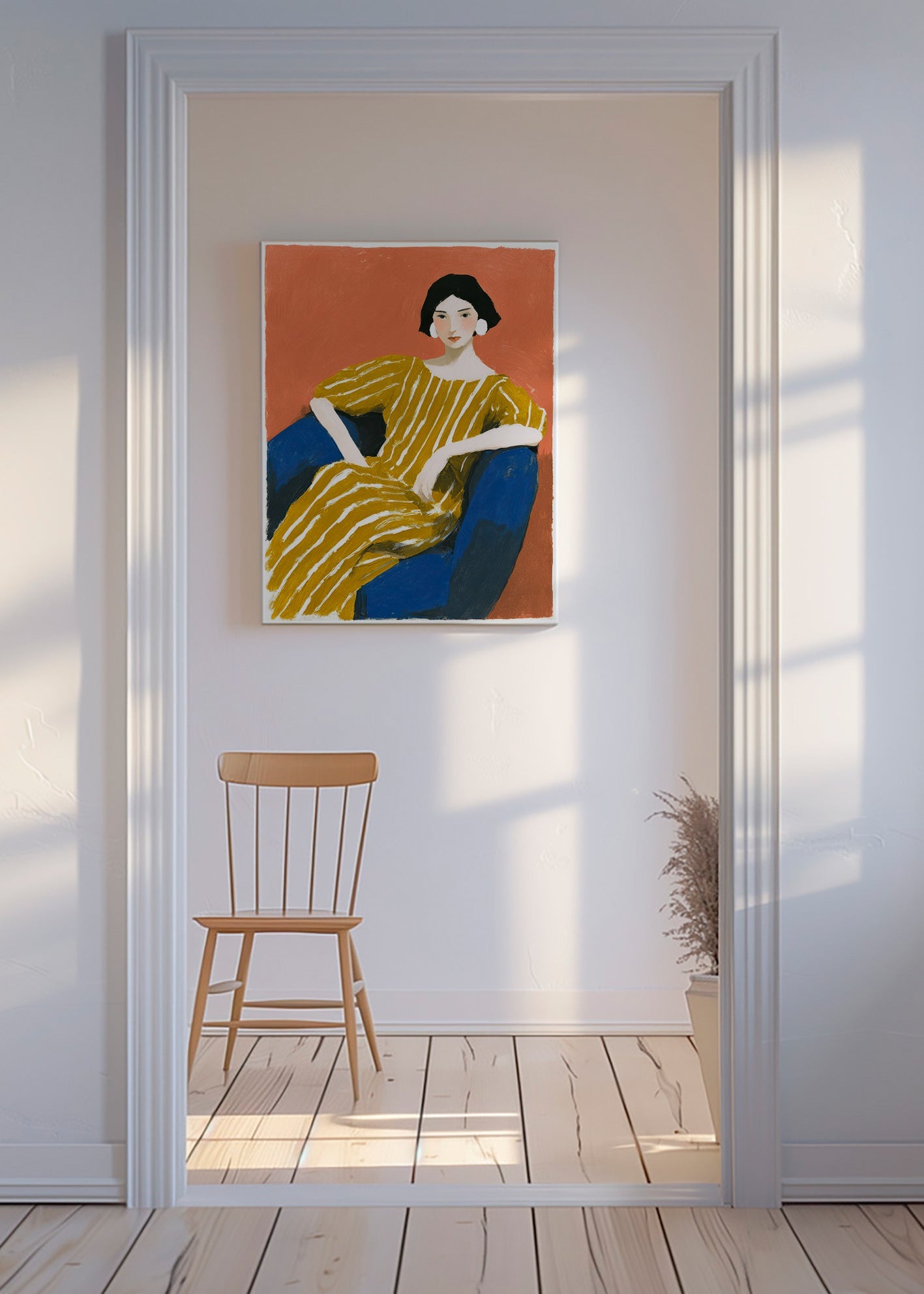 Illustration: siddende kvinde i gyldent stribet kjole – Canvas