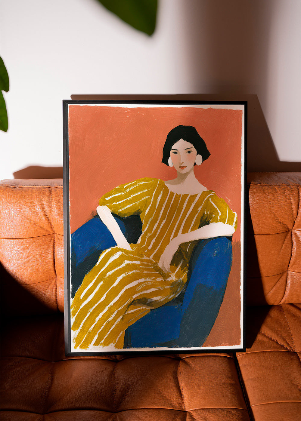 Illustration: siddende kvinde i gyldent stribet kjole – Product3