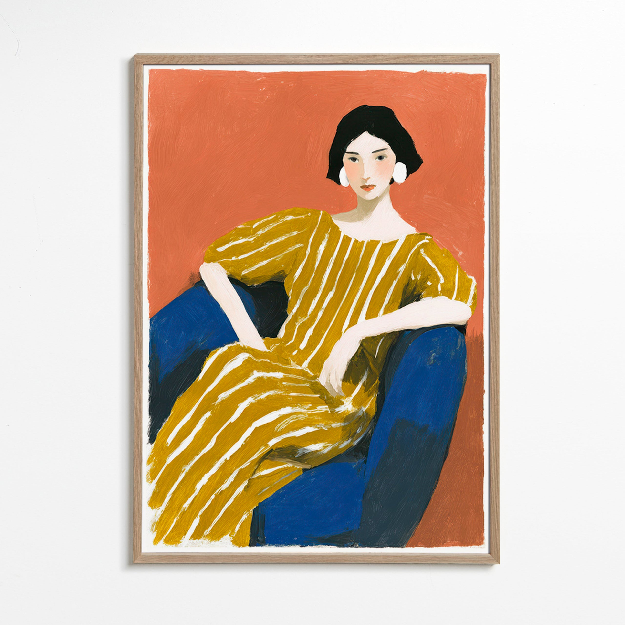 Illustration: siddende kvinde i gyldent stribet kjole – Oak Frame