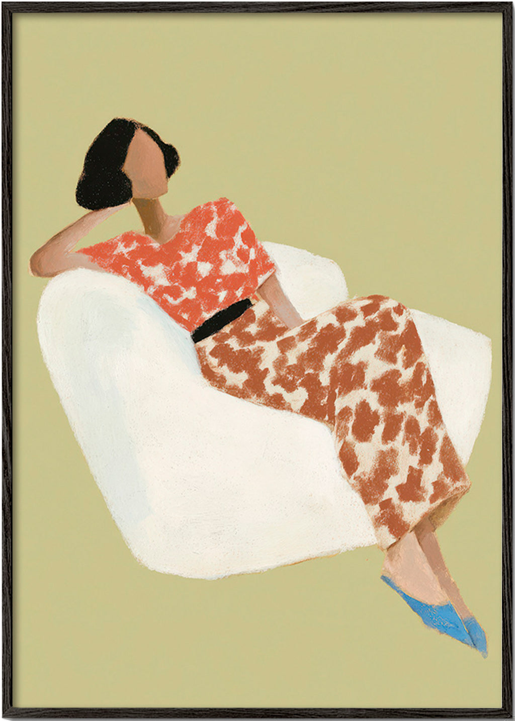 Illustration af liggende figur i hvid stol – Black Frame