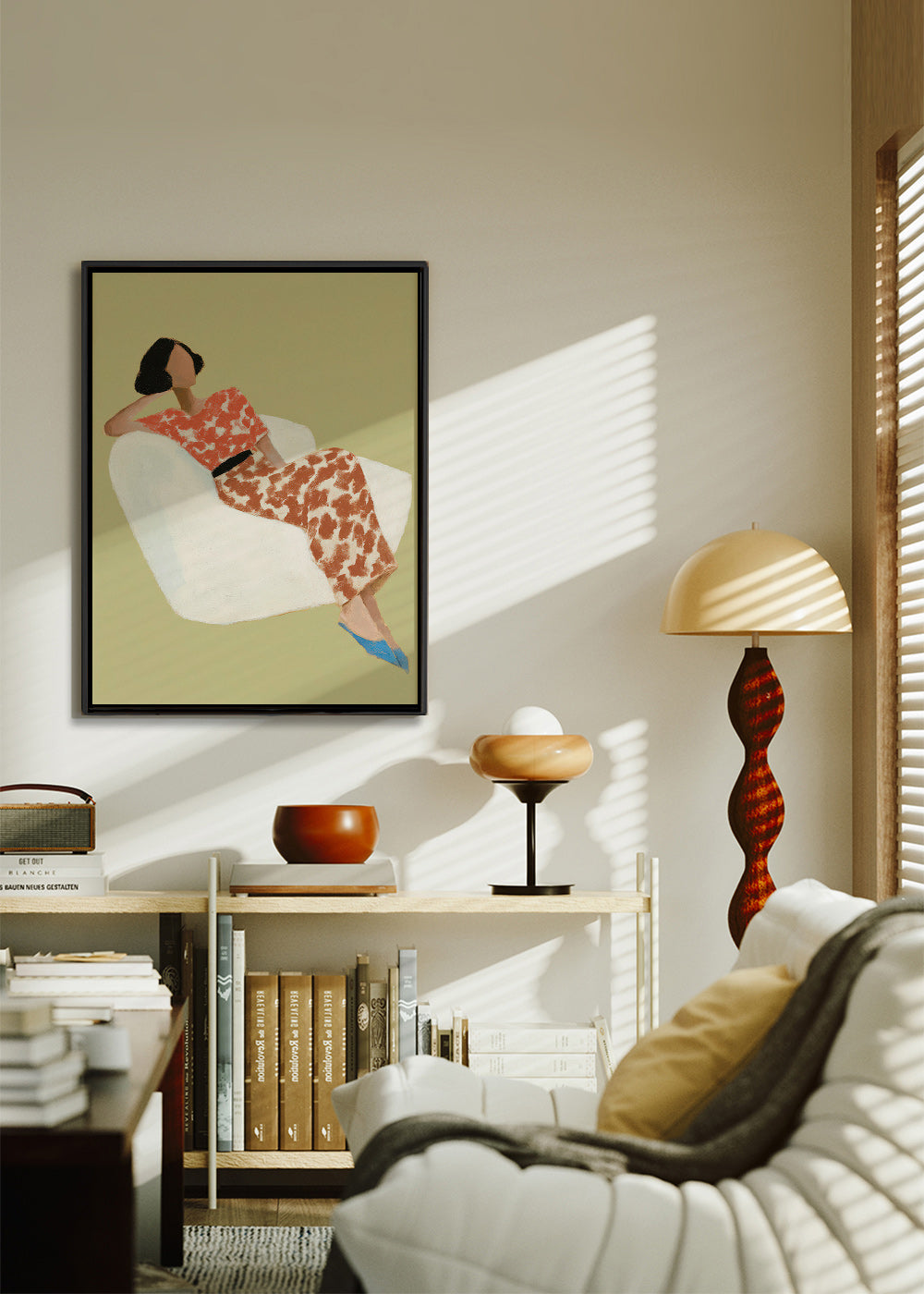 Illustration af liggende figur i hvid stol – Canvas2