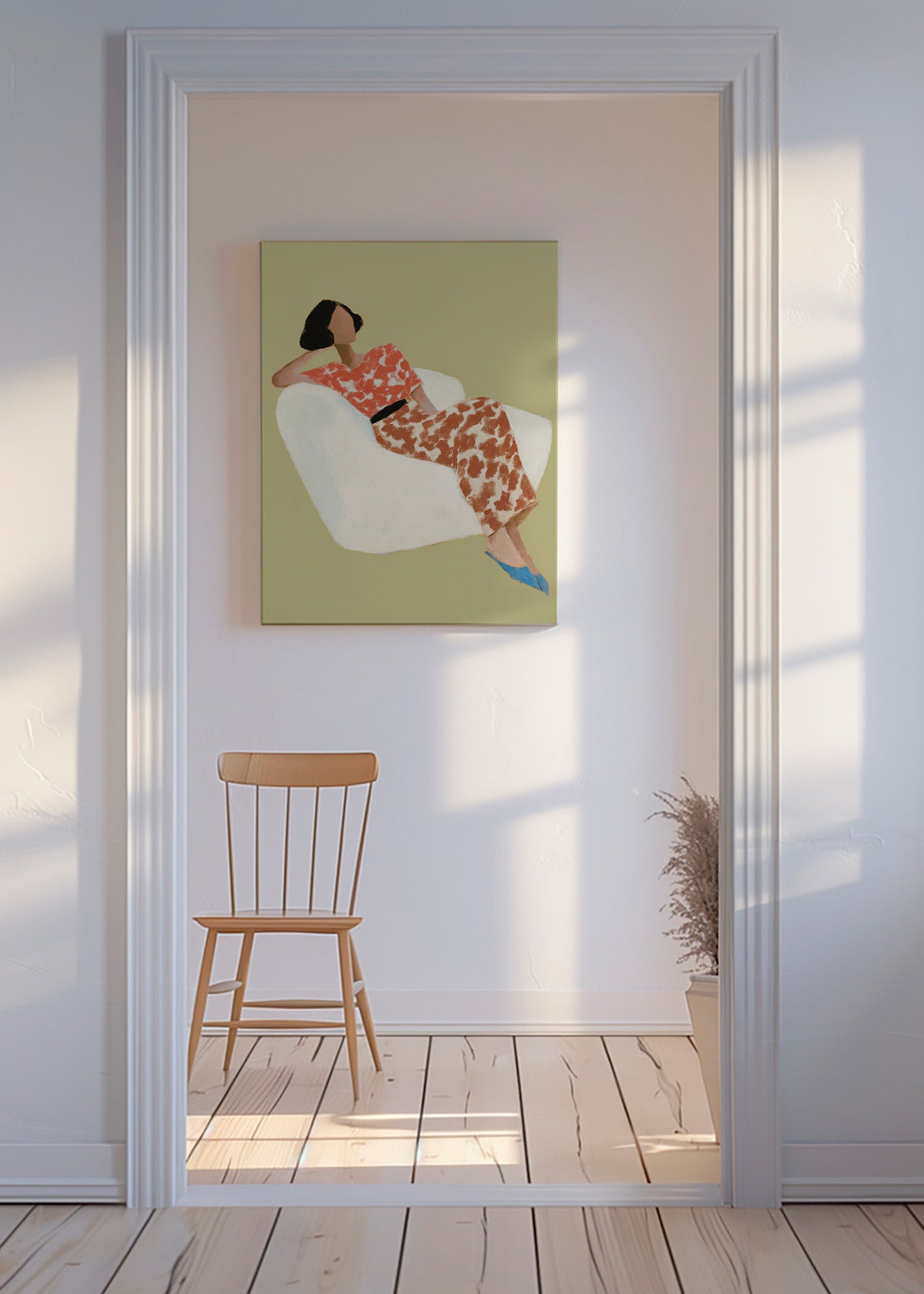 Illustration af liggende figur i hvid stol – Canvas