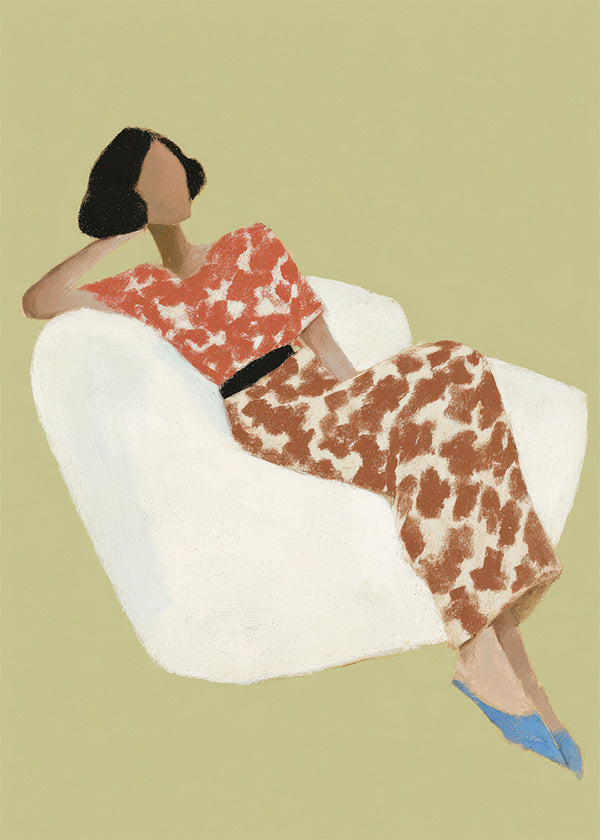 Illustration af liggende figur i hvid stol