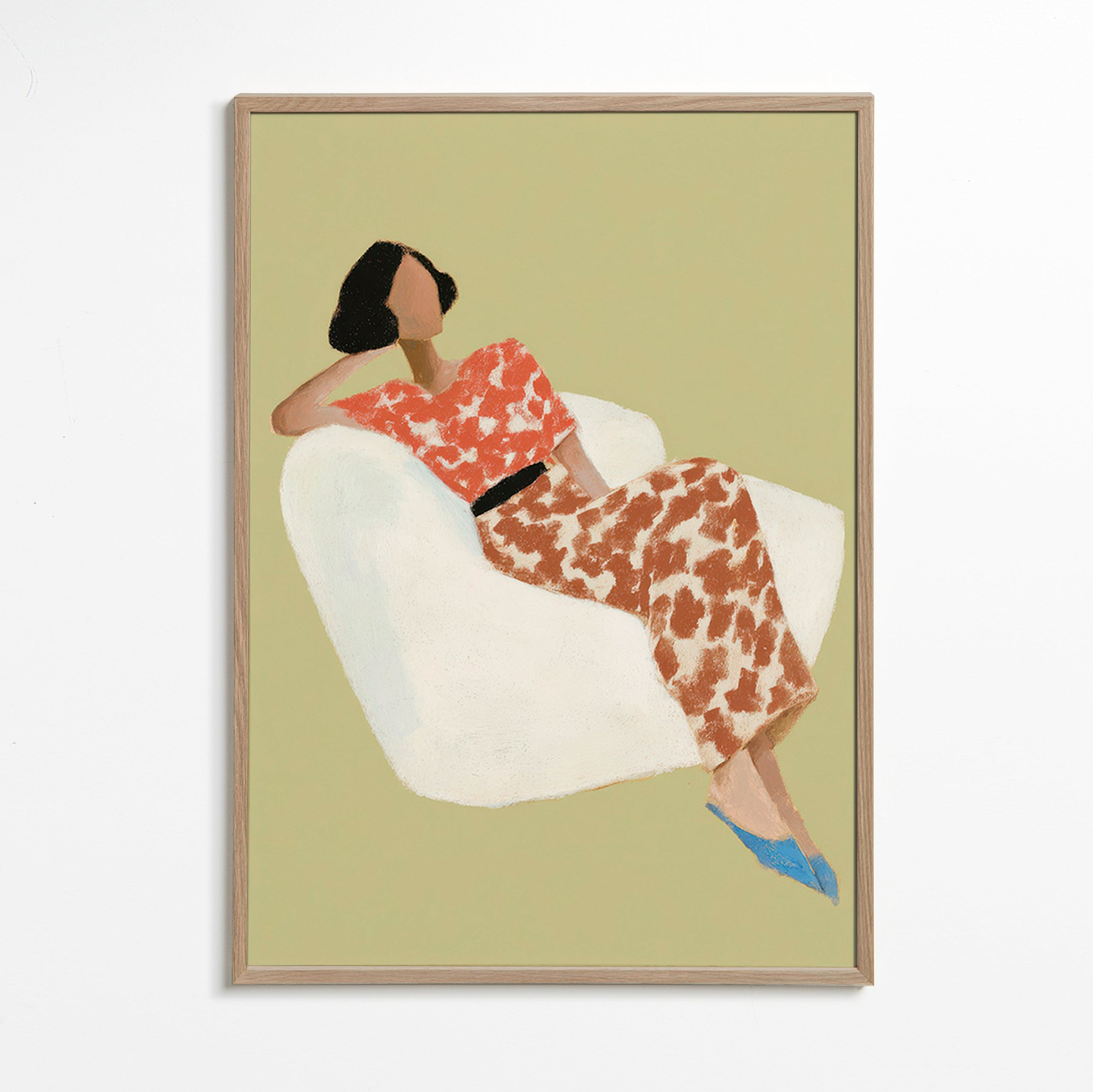 Illustration af liggende figur i hvid stol – Oak Frame