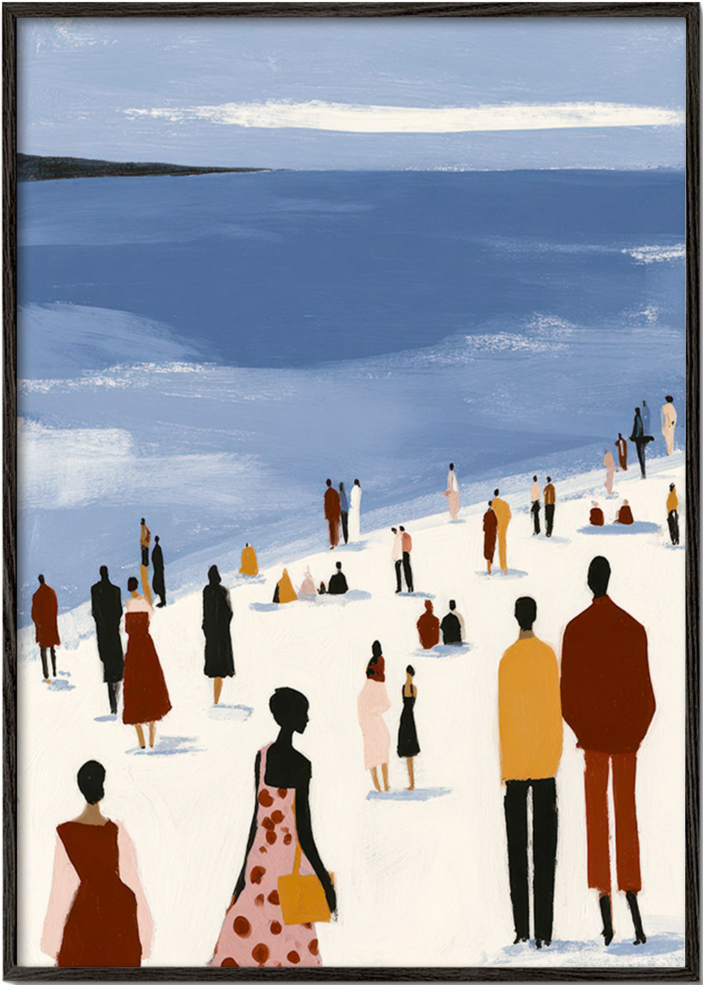 Landskabskunst: strandscene med stiliserede figurer – Black Frame