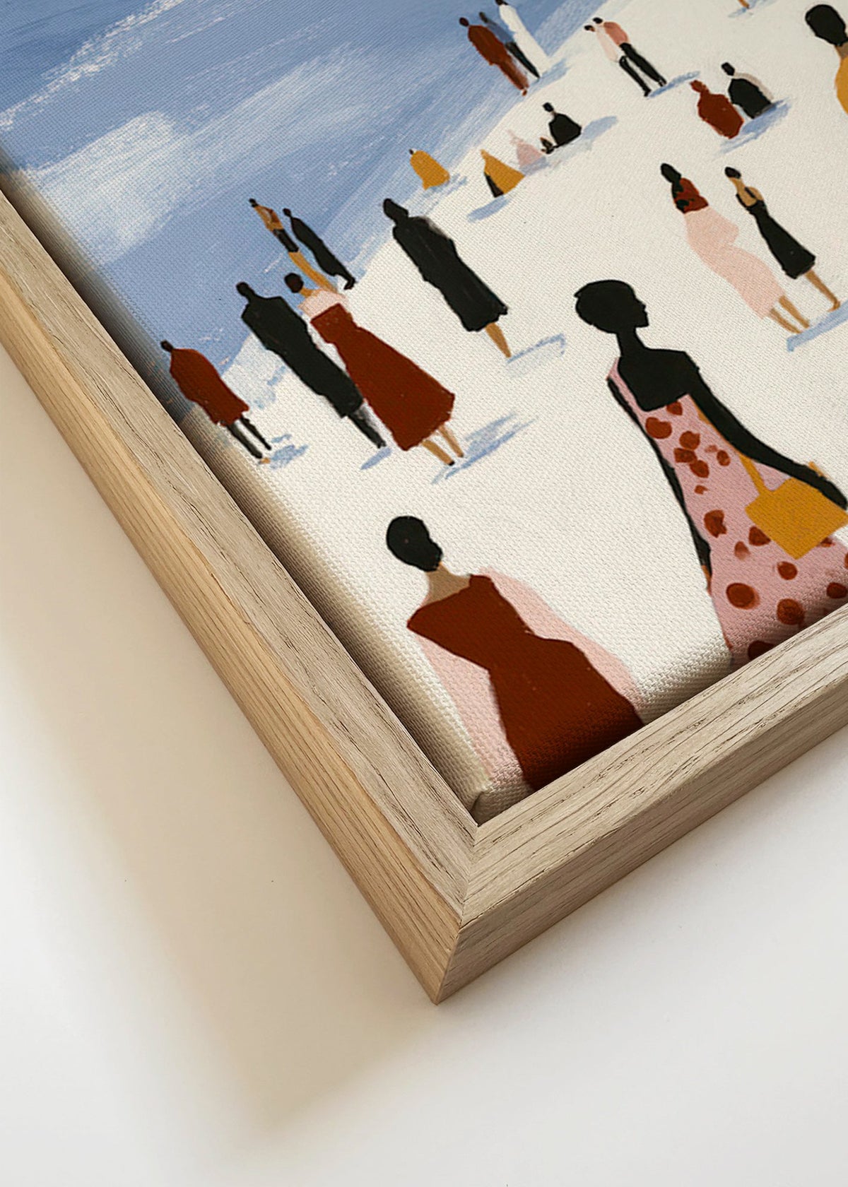 Landskabskunst: strandscene med stiliserede figurer – Canvas detail