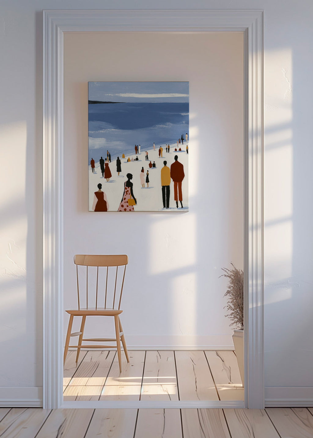 Landskabskunst: strandscene med stiliserede figurer – Canvas