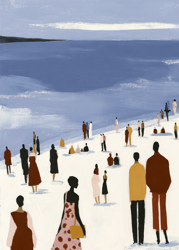 Landskabskunst: strandscene med stiliserede figurer