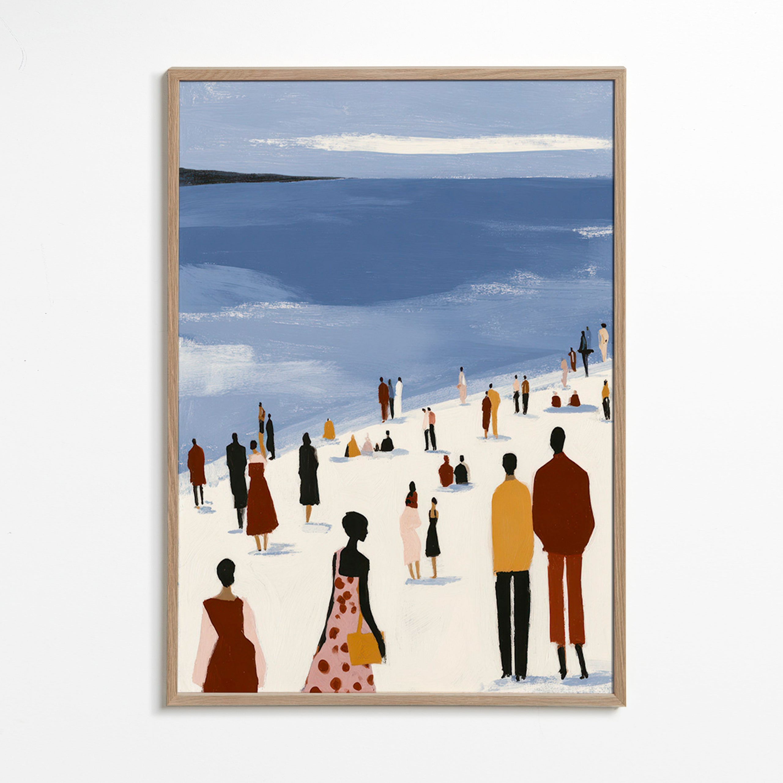 Landskabskunst: strandscene med stiliserede figurer – Oak Frame