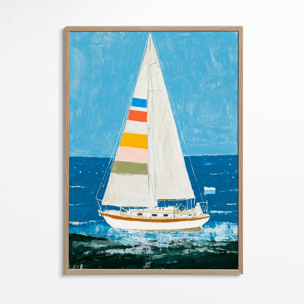 Illustration: sejlbåd med farverige sejl – Oak Frame