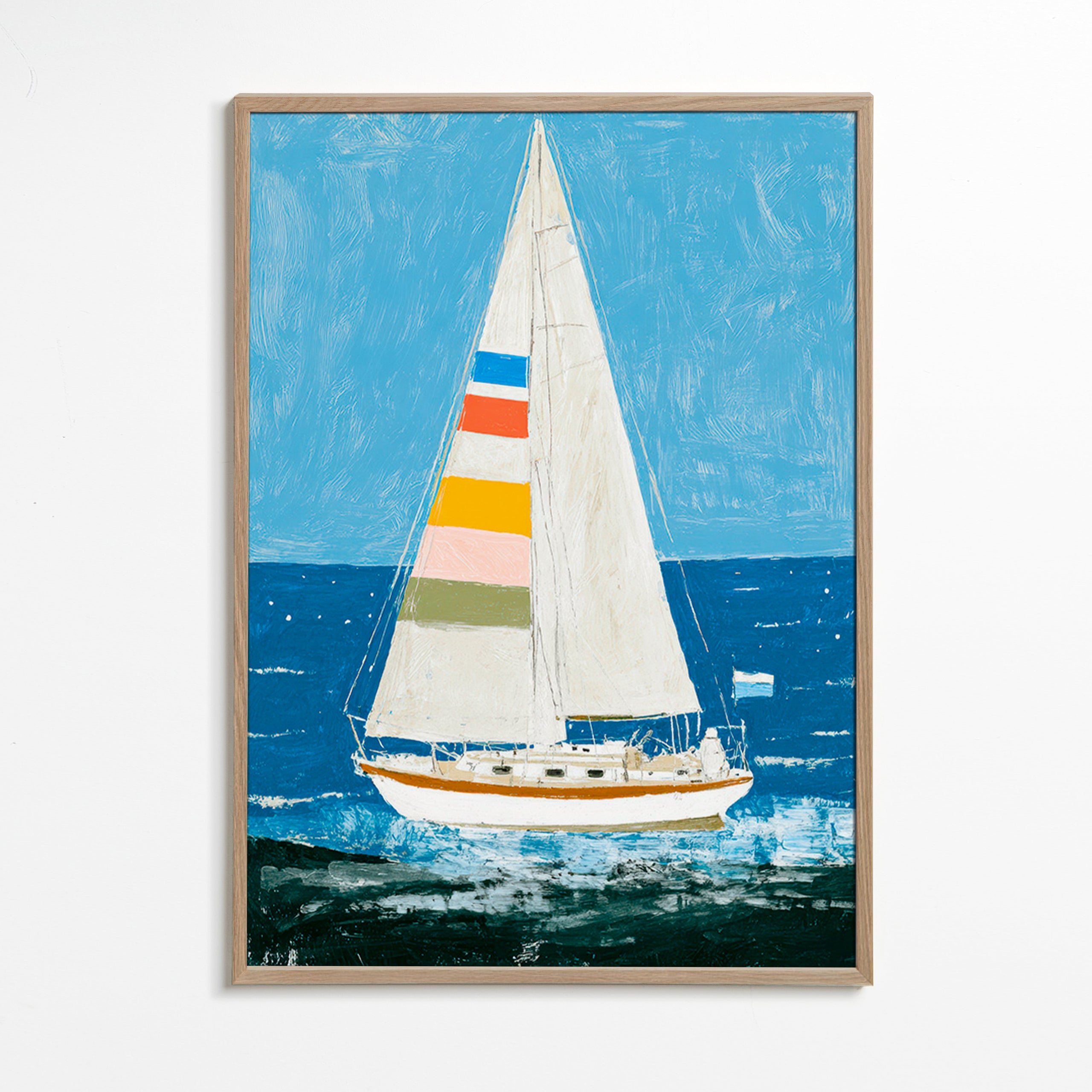 Illustration: sejlbåd med farverige sejl – Oak Frame