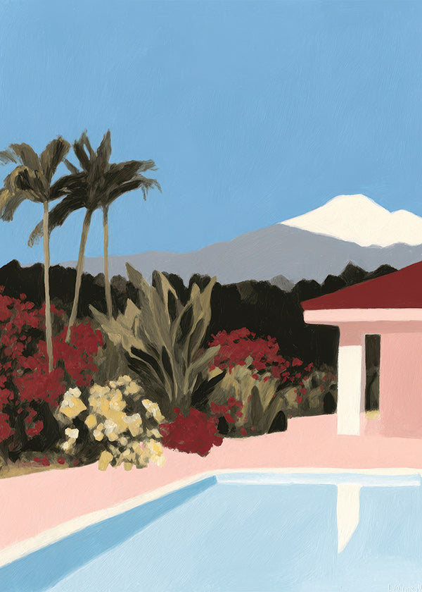 Botanisk plakat ved poolen med palmer