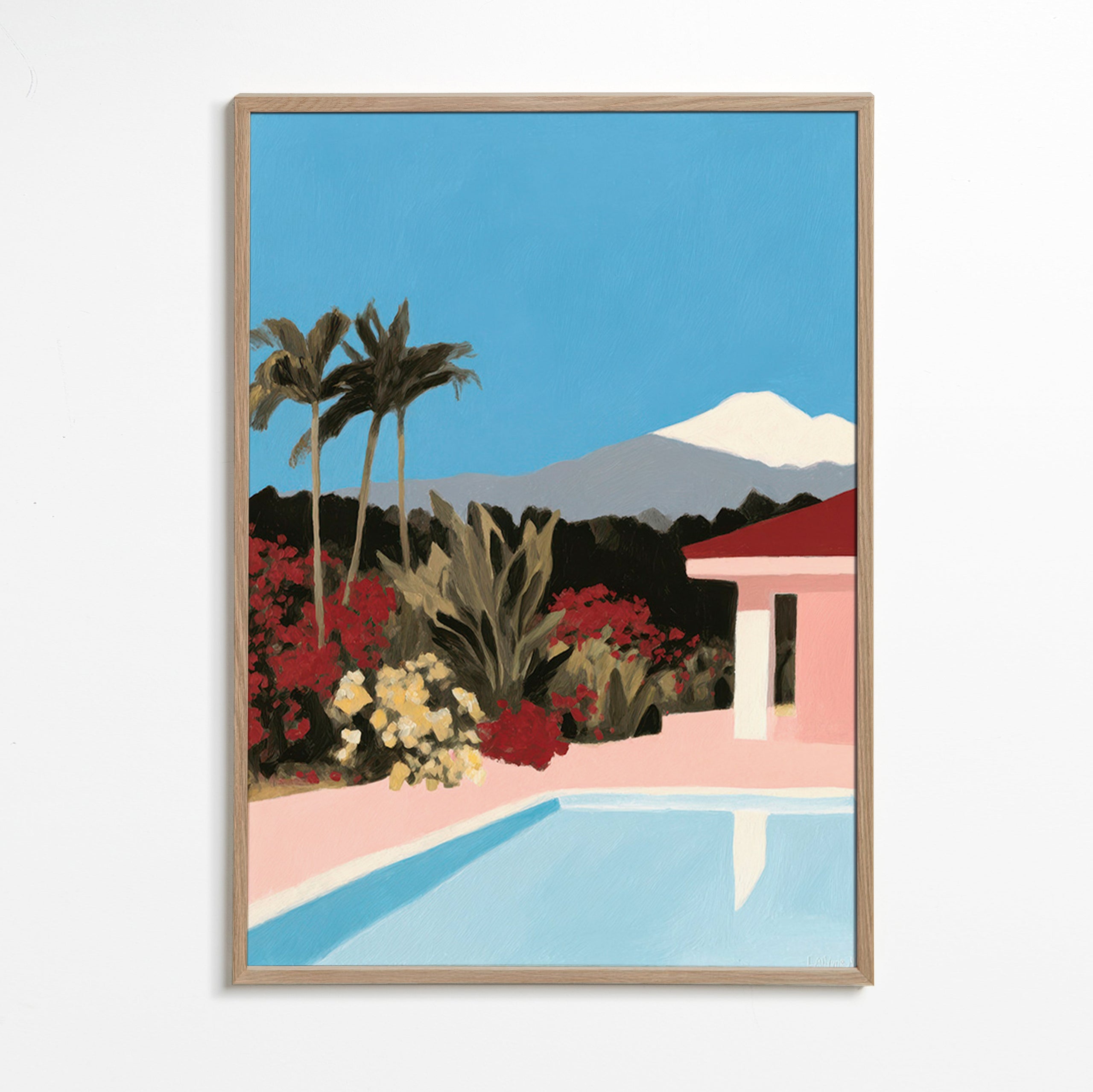 Botanisk plakat ved poolen med palmer – Oak Frame