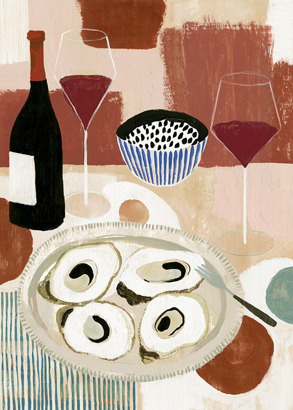 Køkkenkunst: stilleben med østers og vin
