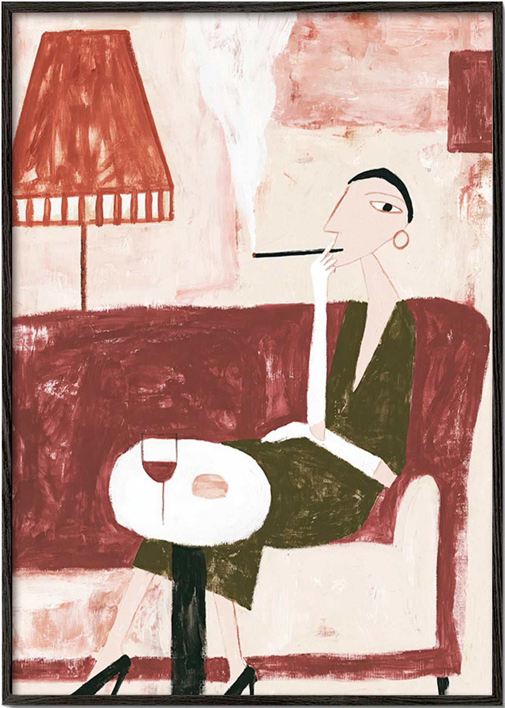 Køkkenkunst med siddende figur og vin