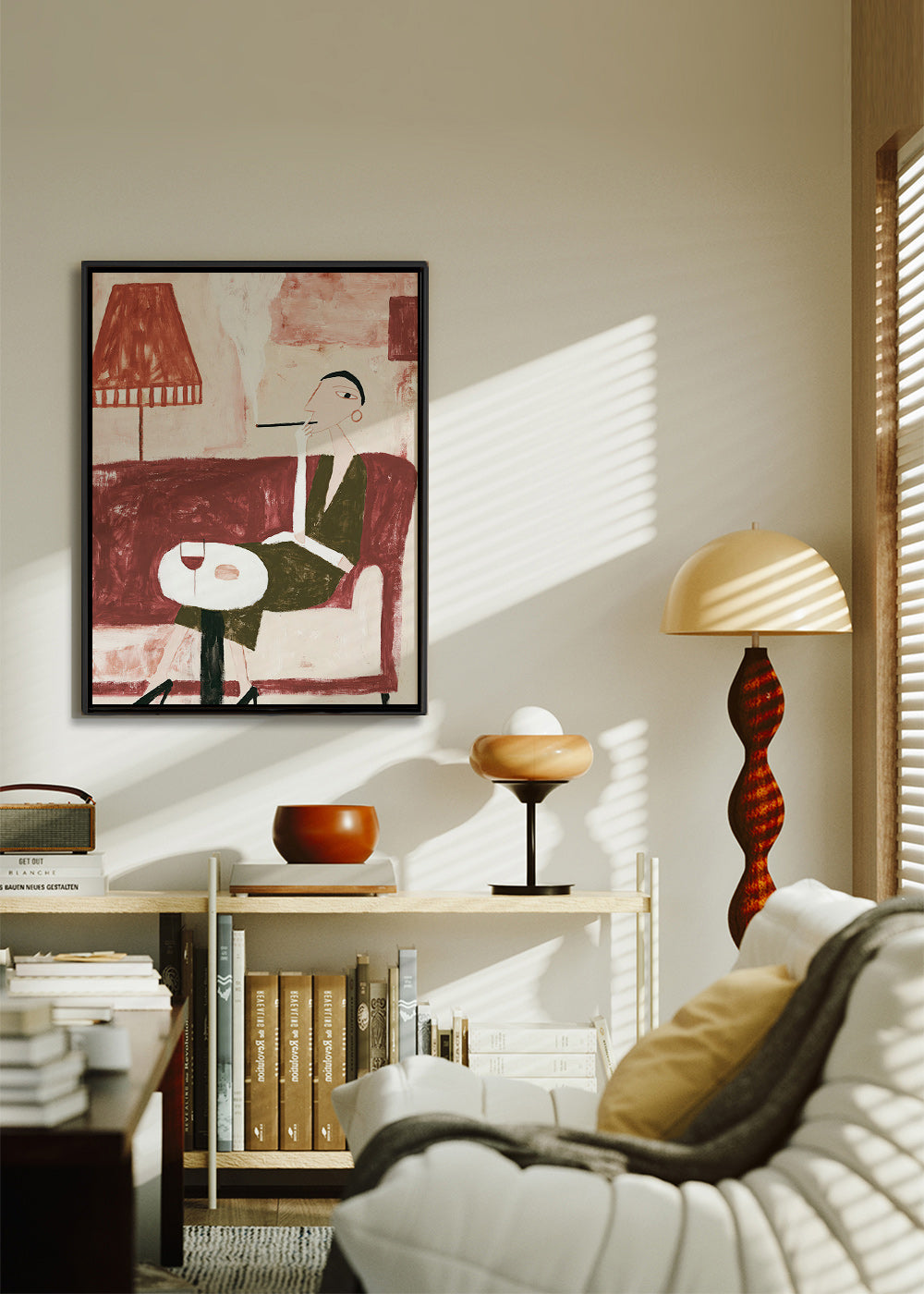 Køkkenkunst med siddende figur og vin