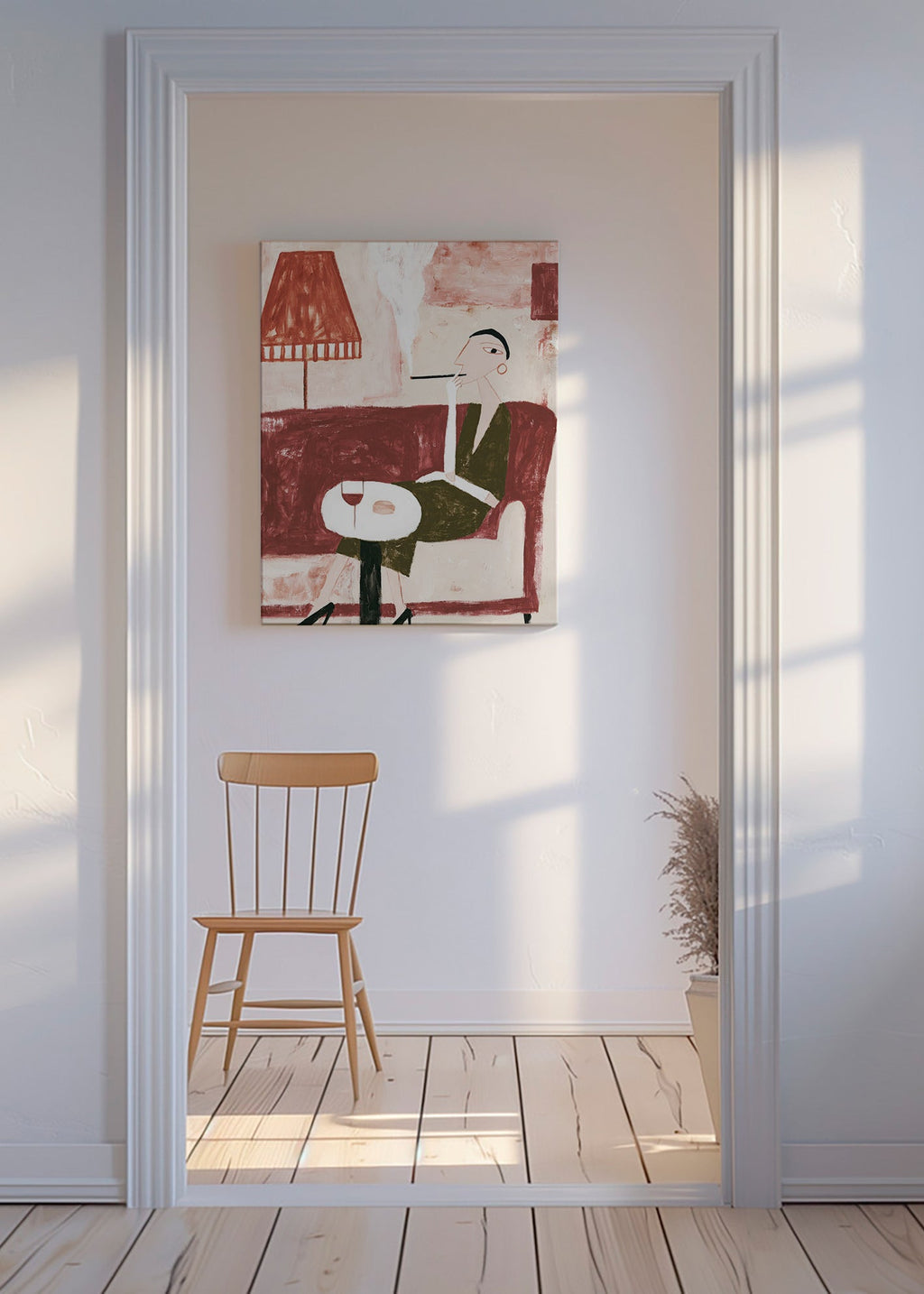 Køkkenkunst med siddende figur og vin