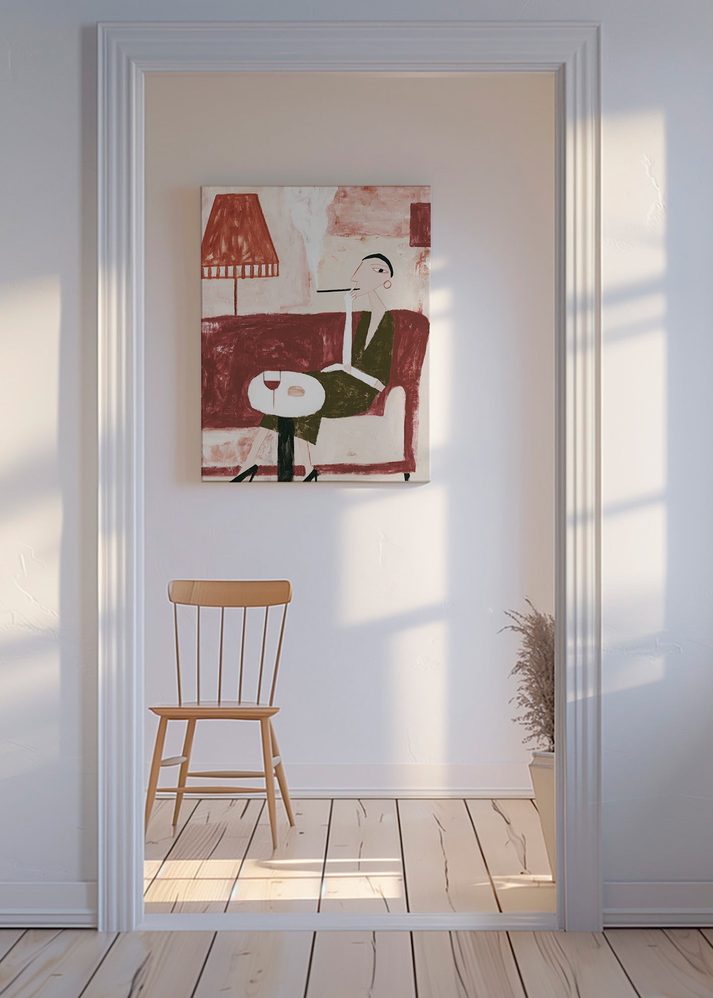 Køkkenkunst med siddende figur og vin