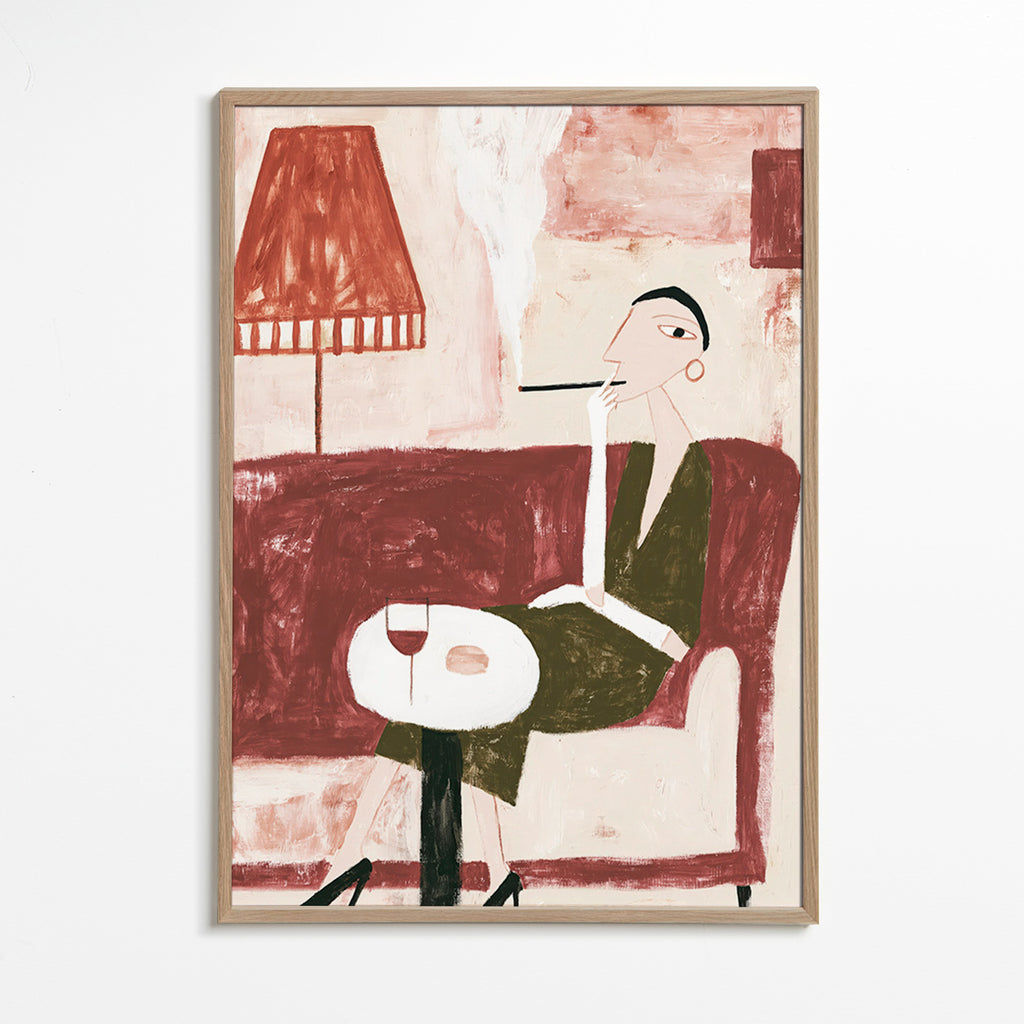 Køkkenkunst med siddende figur og vin