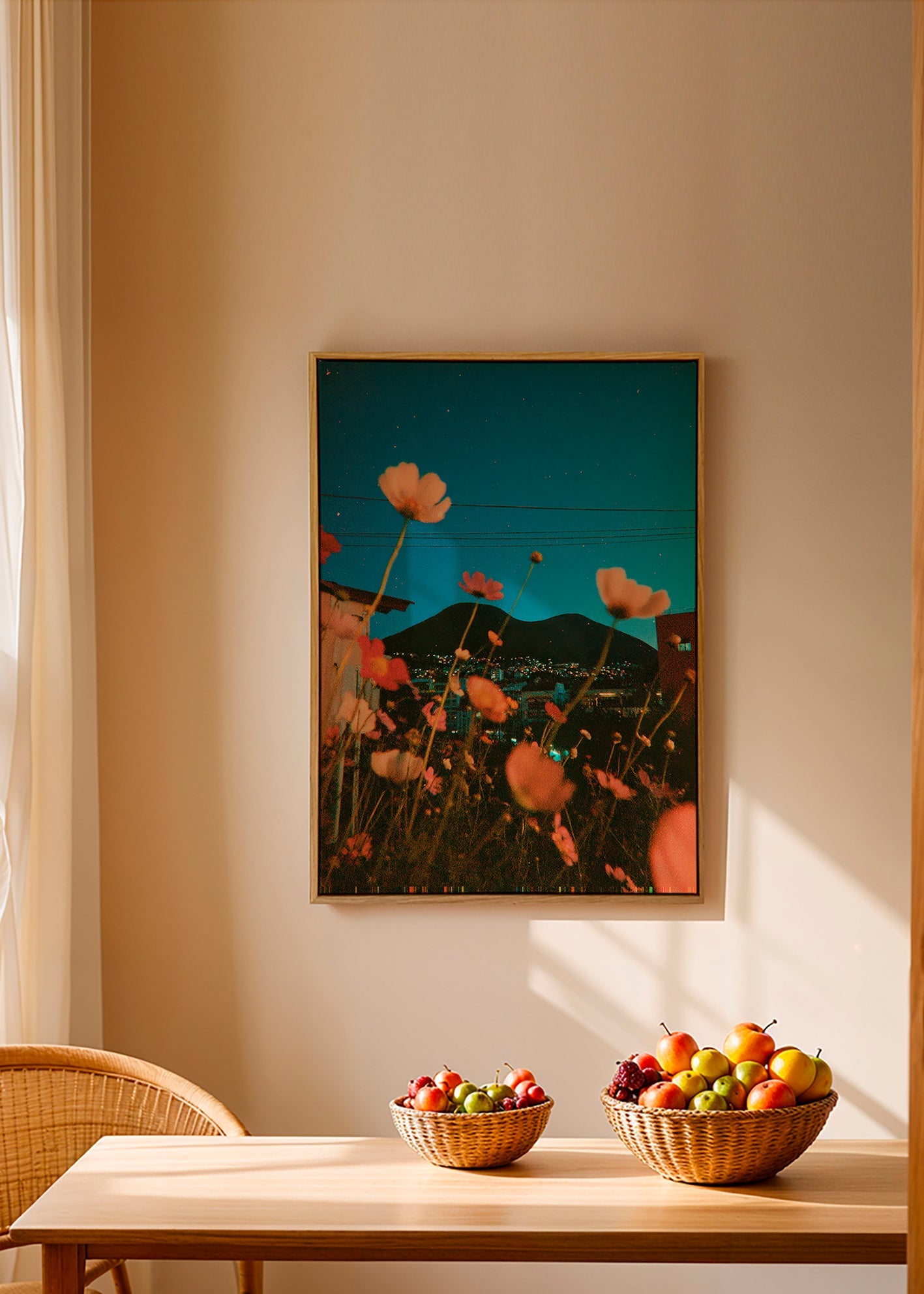 Botanisk plakat vilde blomster over by ved skumring