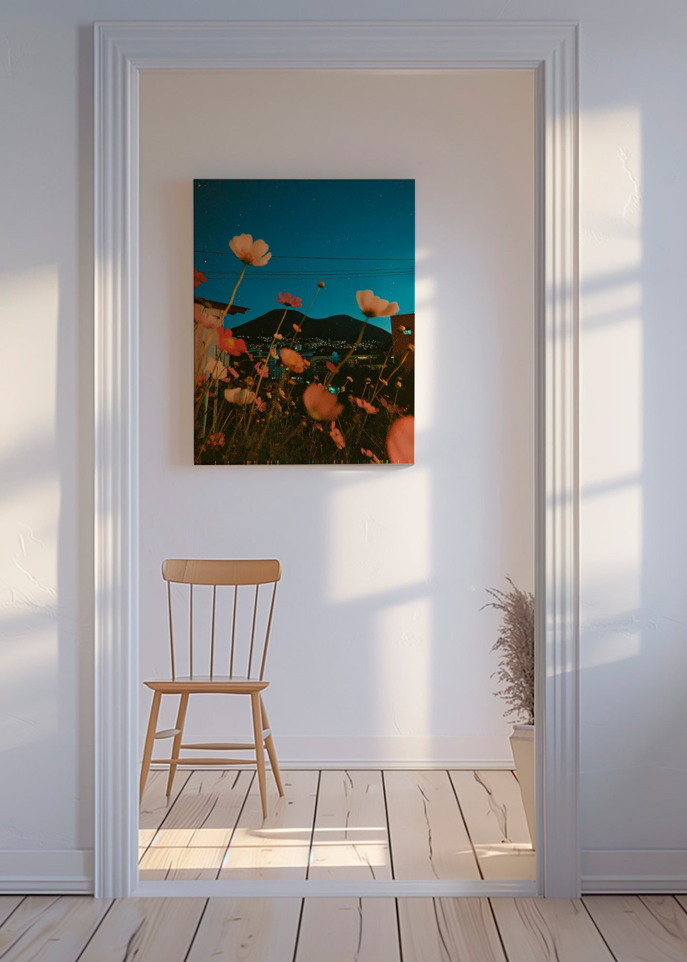 Botanisk plakat vilde blomster over by ved skumring