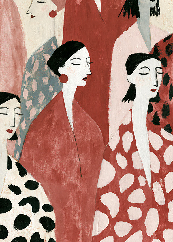 Illustration af kvindelige figurer i rødt