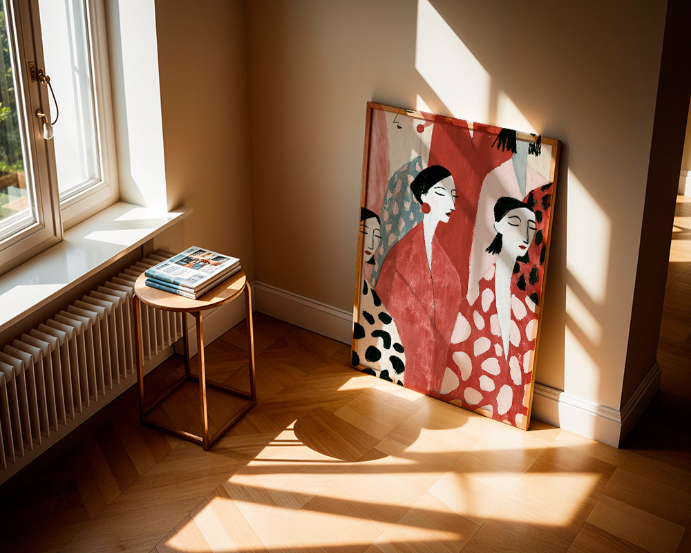 Illustration af kvindelige figurer i rødt