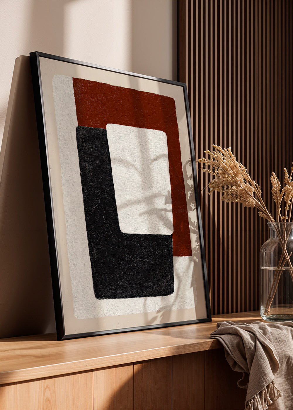 Abstrakt billede terracotta og sorte blokke