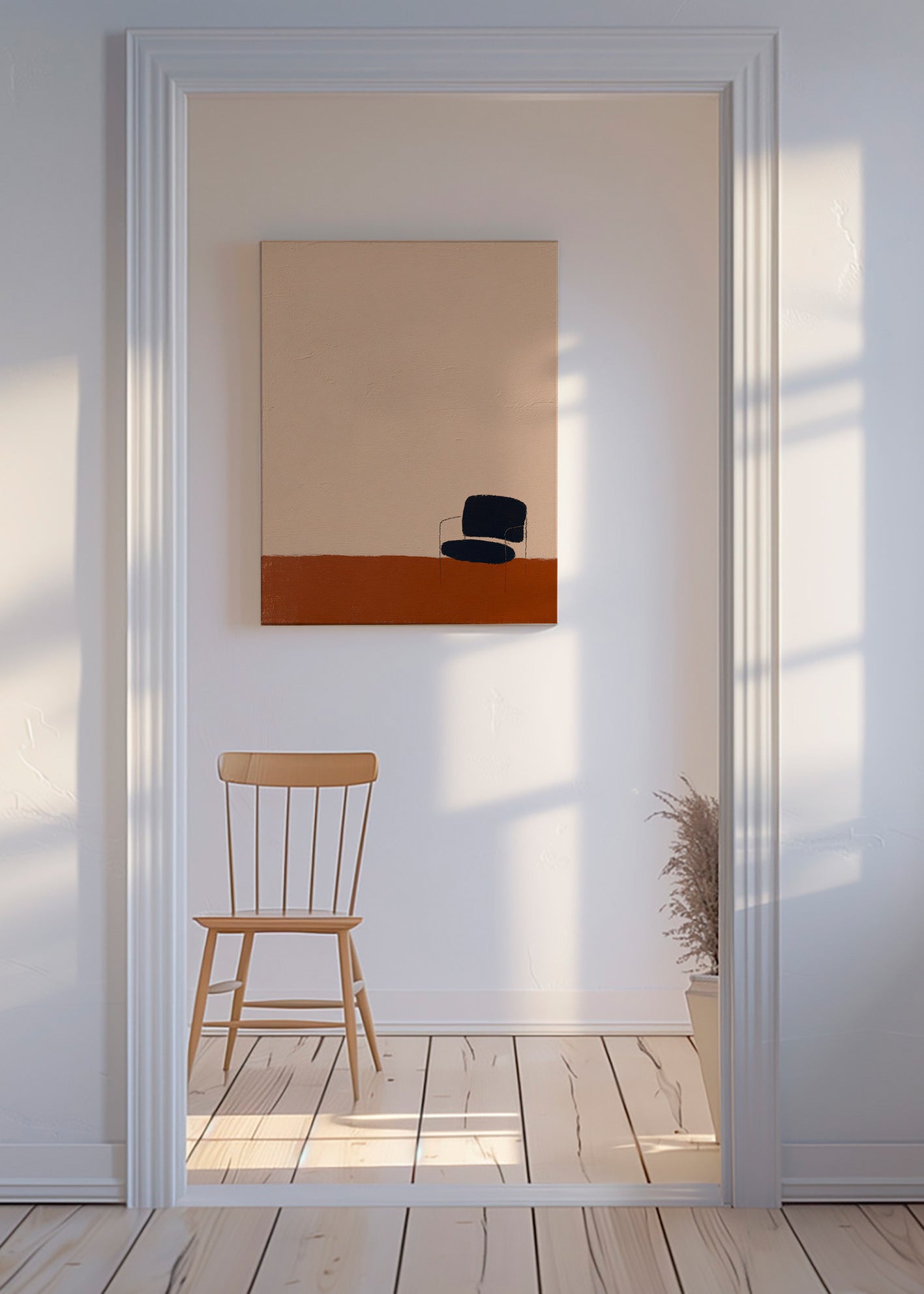 Minimalistisk plakat stol på okker gulv