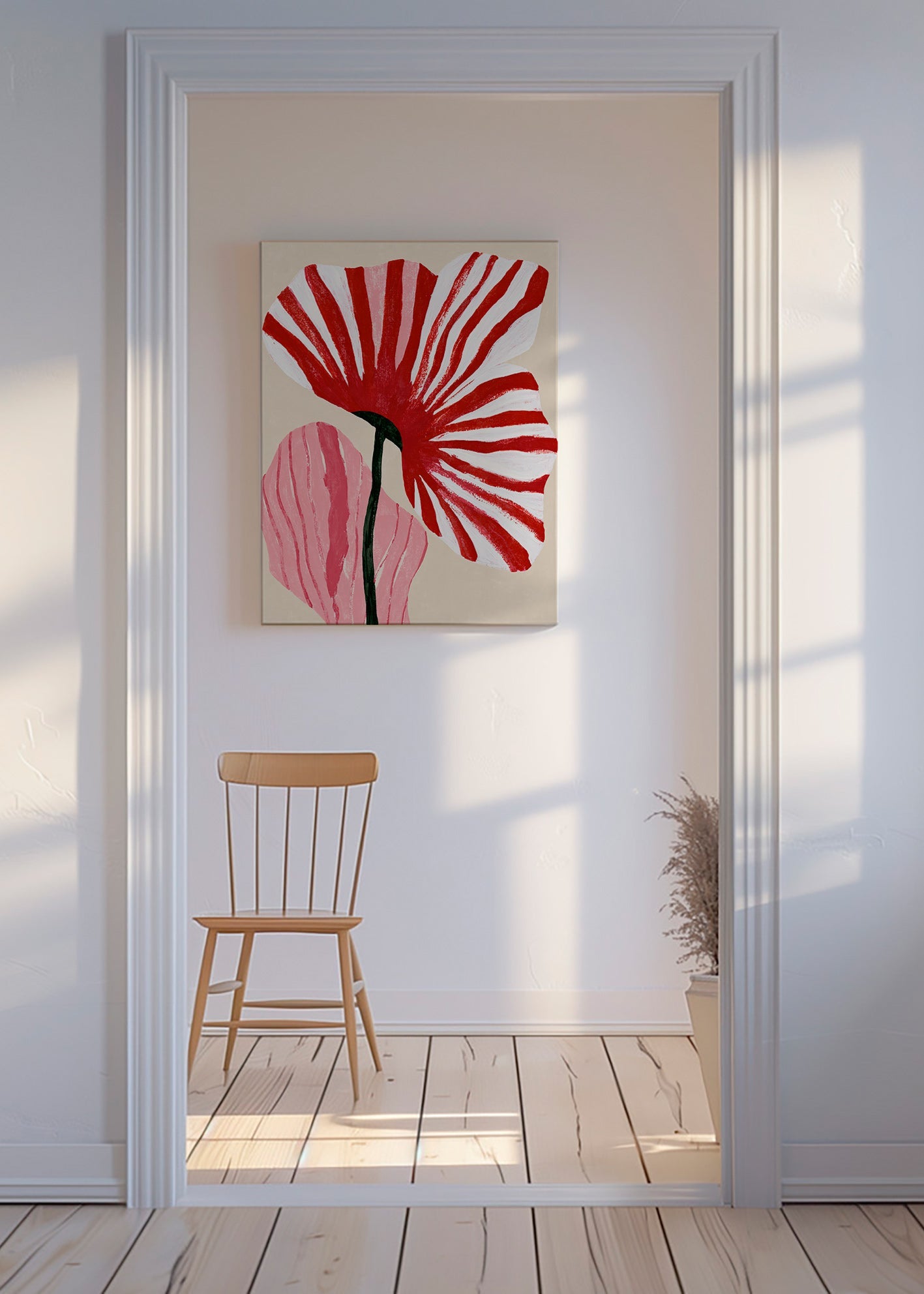 Botanisk plakat med røde stribede kronblade