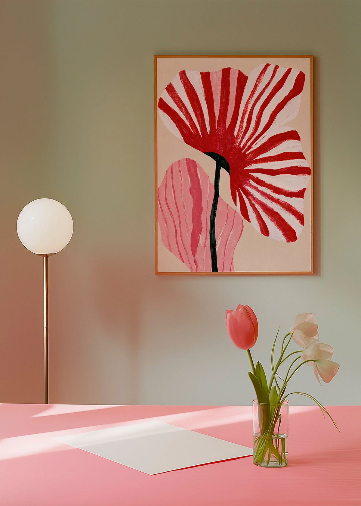 Botanisk plakat med røde stribede kronblade