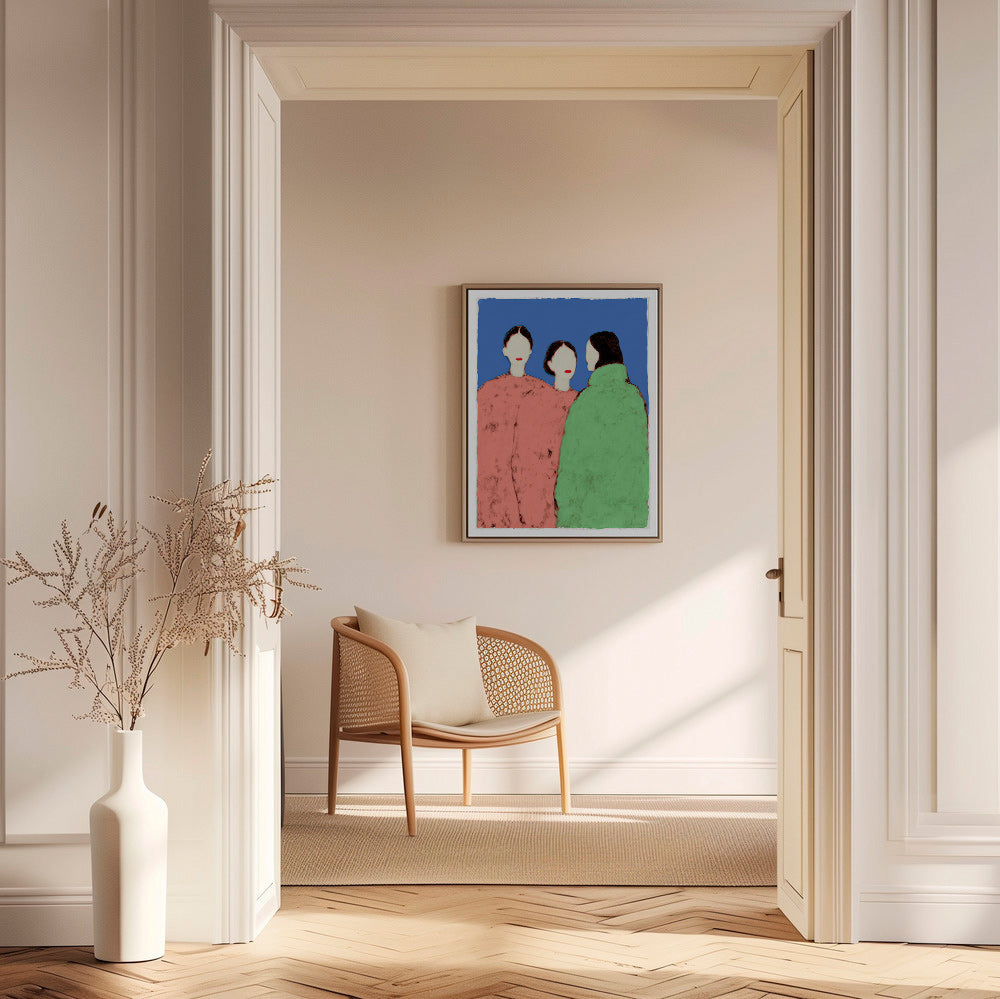 Illustration af tre styliserede figurer på blå baggrund