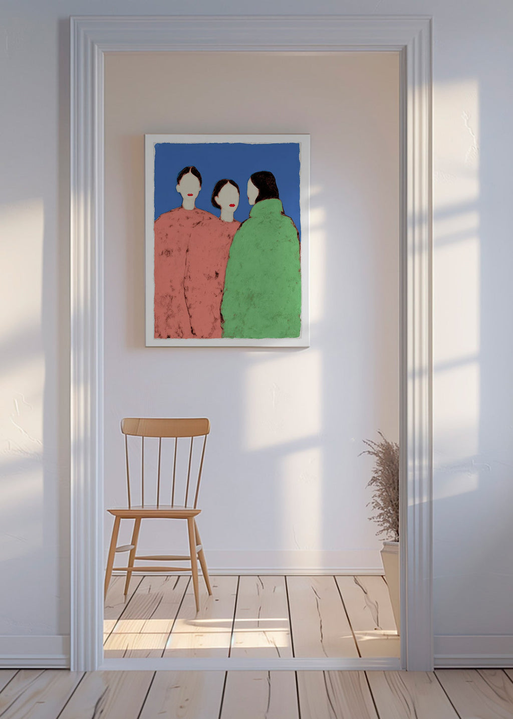 Illustration af tre styliserede figurer på blå baggrund