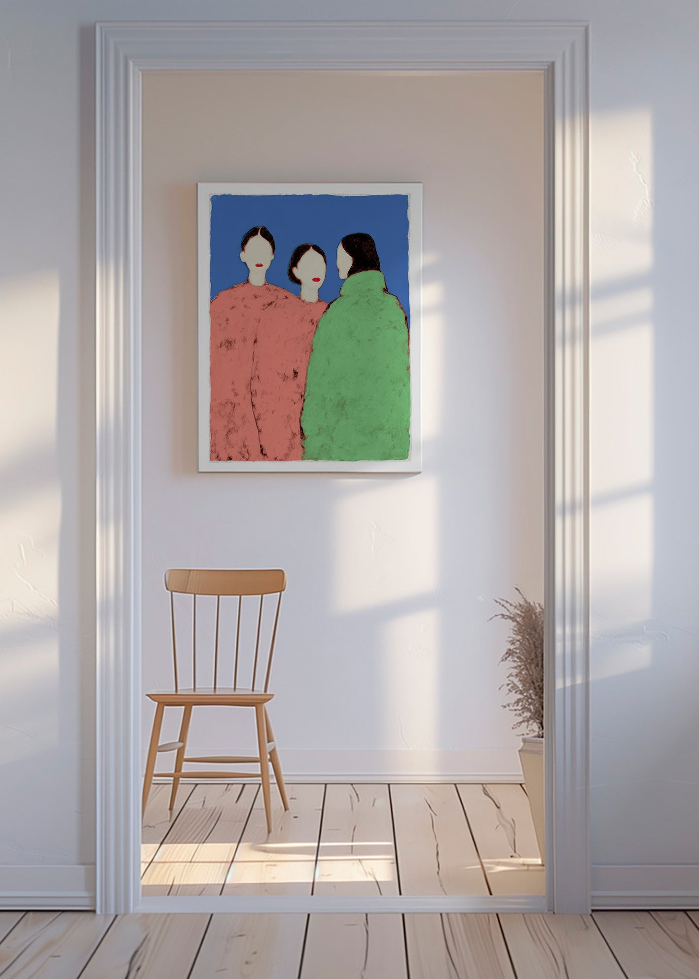 Illustration af tre styliserede figurer på blå baggrund