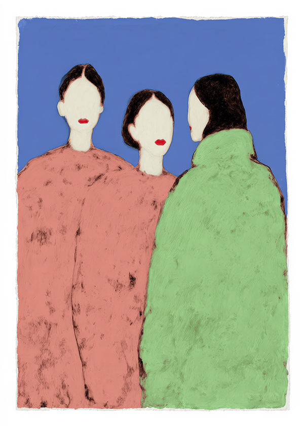 Illustration af tre styliserede figurer på blå baggrund