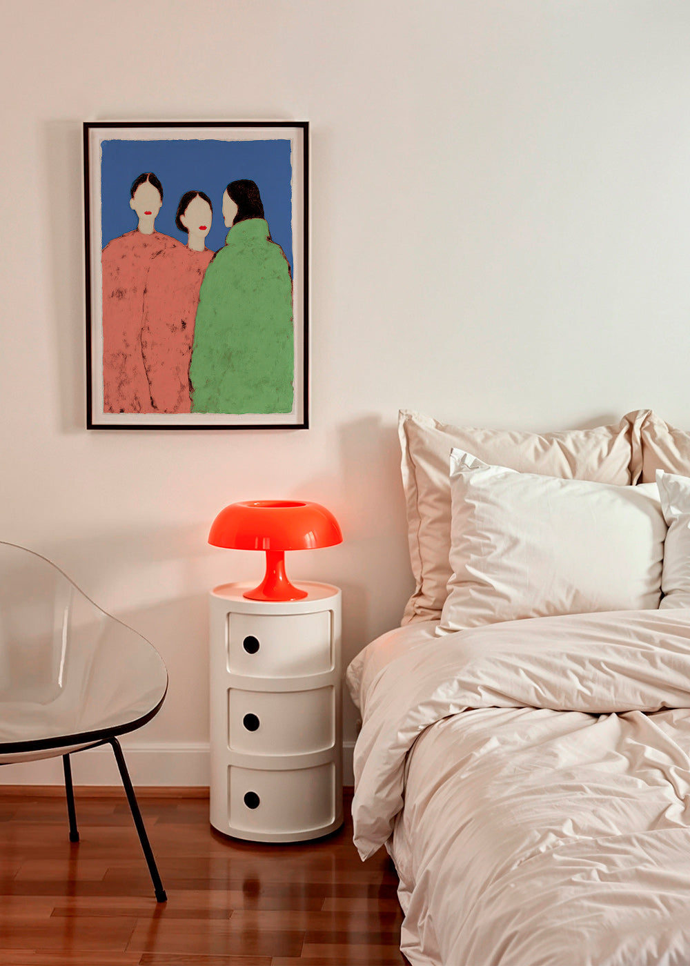 Illustration af tre styliserede figurer på blå baggrund
