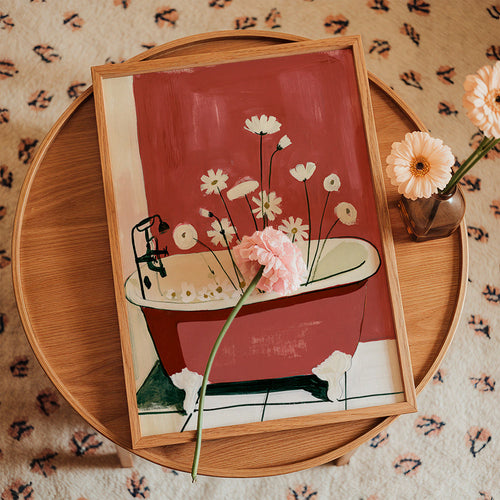 Botanisk plakat med blomster i badekar