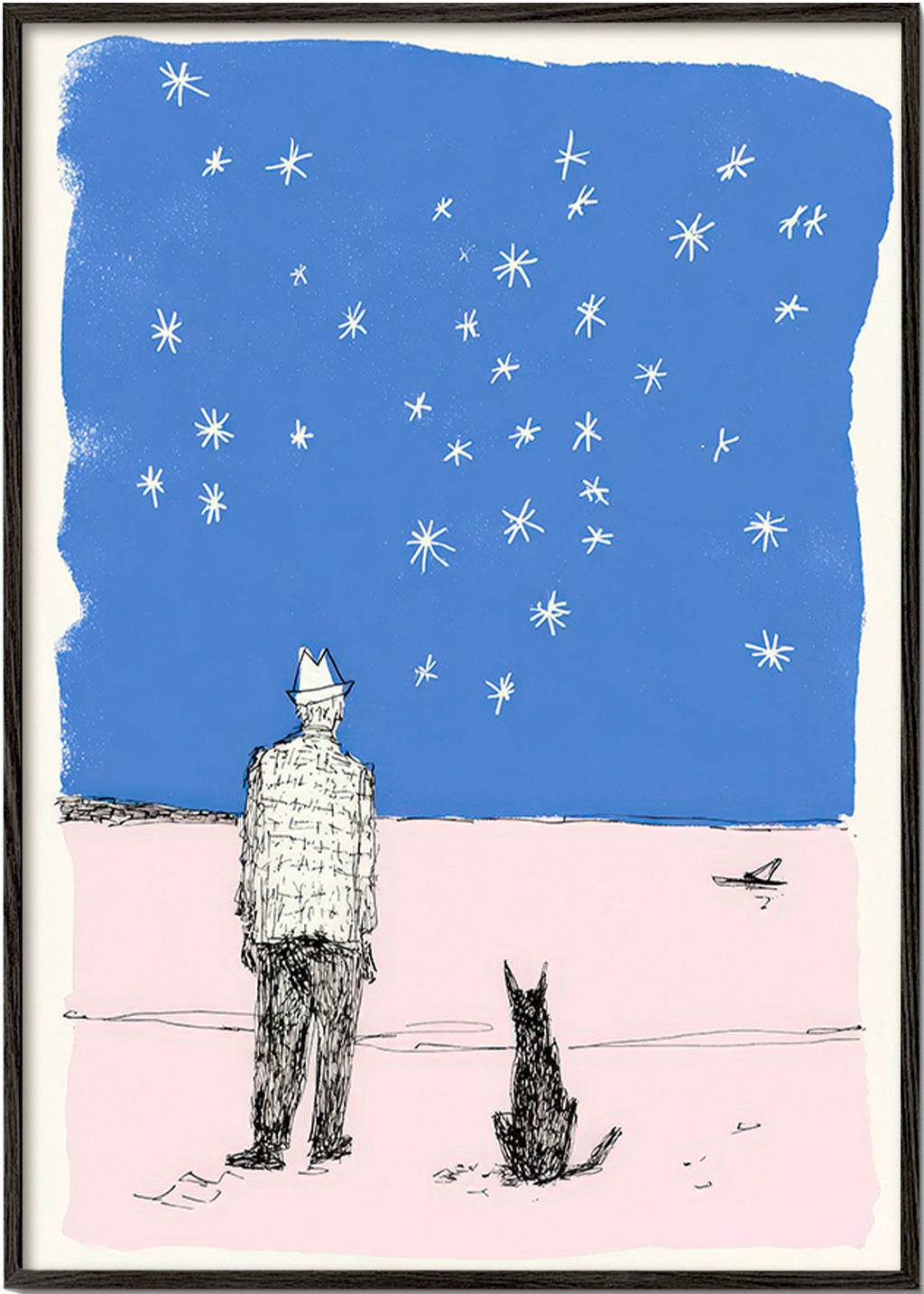 Illustration: mand og hund under stjernerne