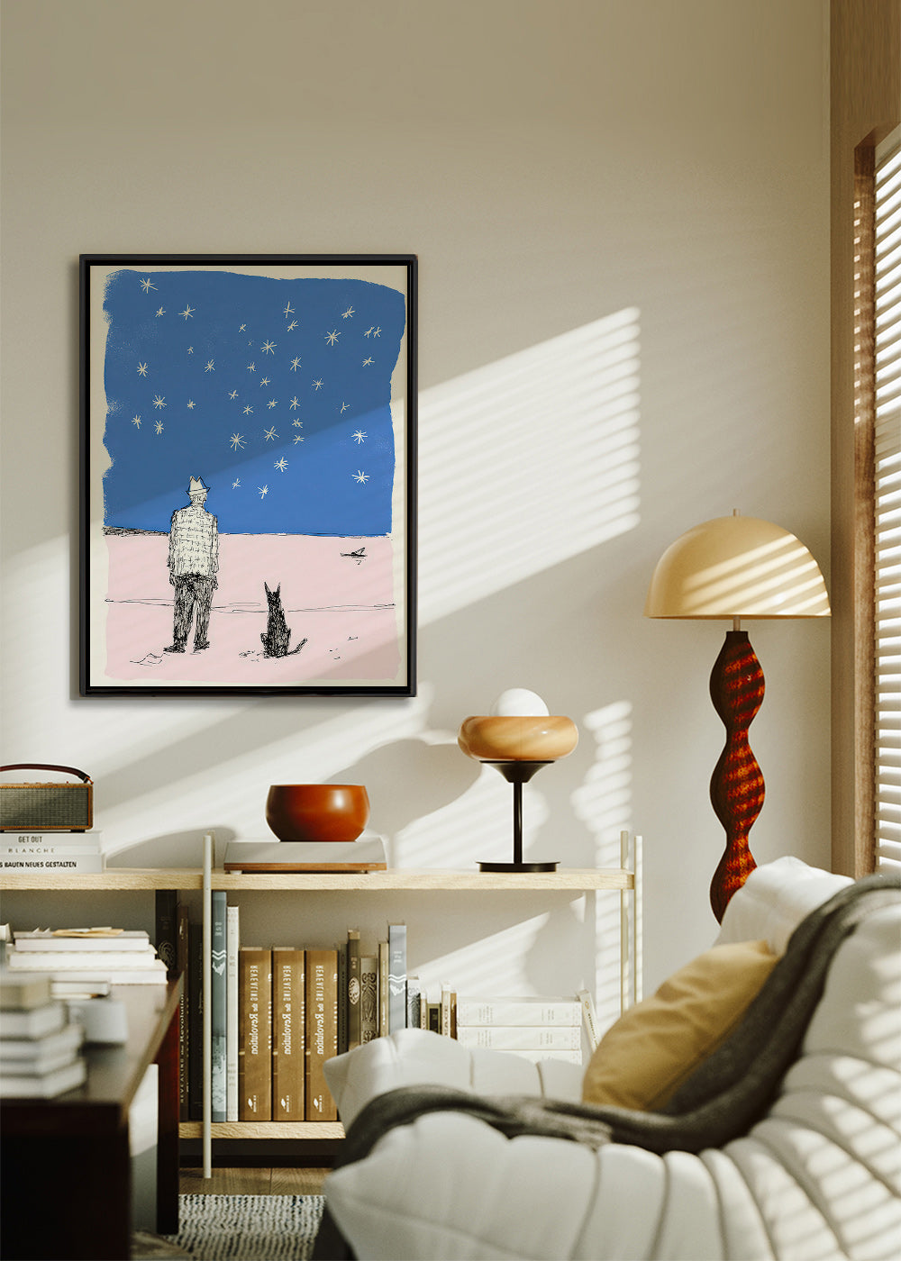 Illustration: mand og hund under stjernerne