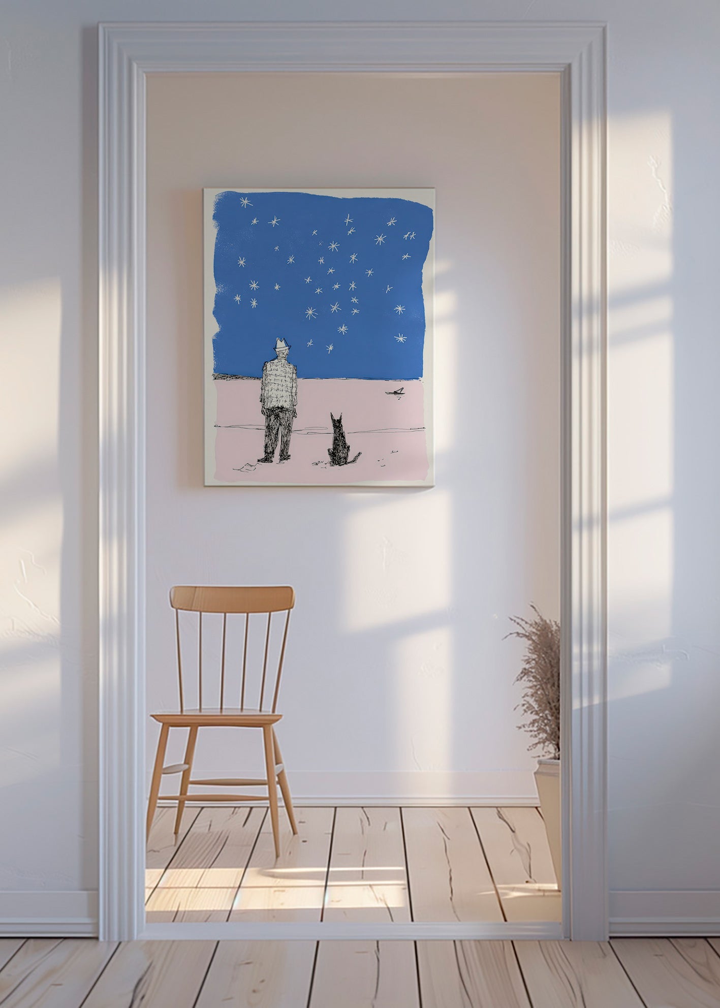 Illustration: mand og hund under stjernerne